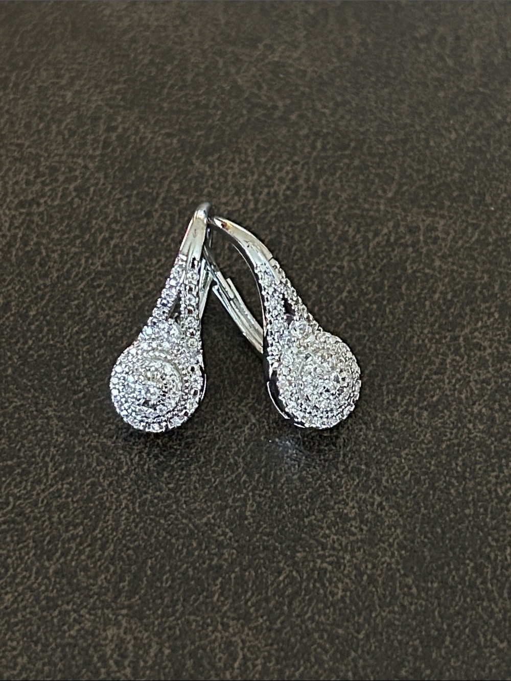 Crystal Pave Teardrop Leverback Earrings - Silver